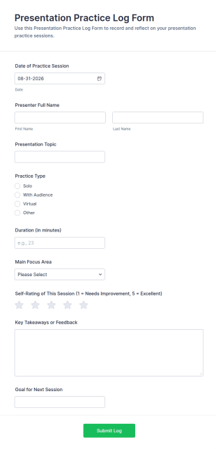 Presentation Practice Log Form Template