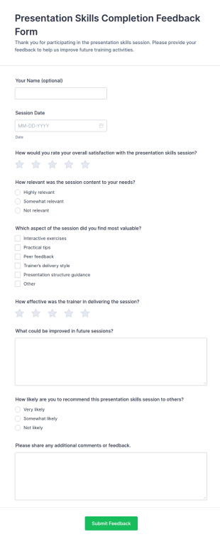 Presentation Skills Completion Feedback Form Template