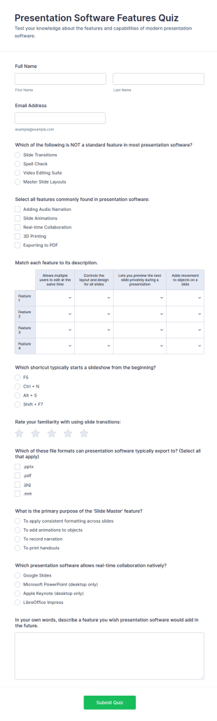 Presentation Software Features Quiz Form Template