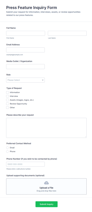 Press Feature Inquiry Form Template
