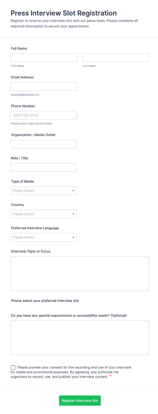 Press Interview Slot Registration Form Template