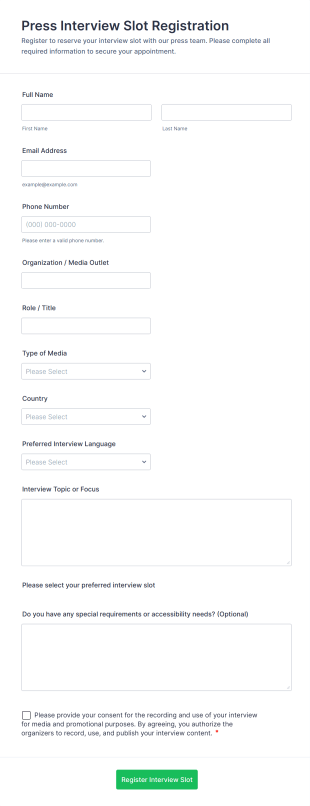 Press Interview Slot Registration Form Template