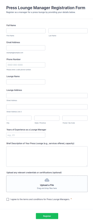 Press Lounge Manager Registration Form Template