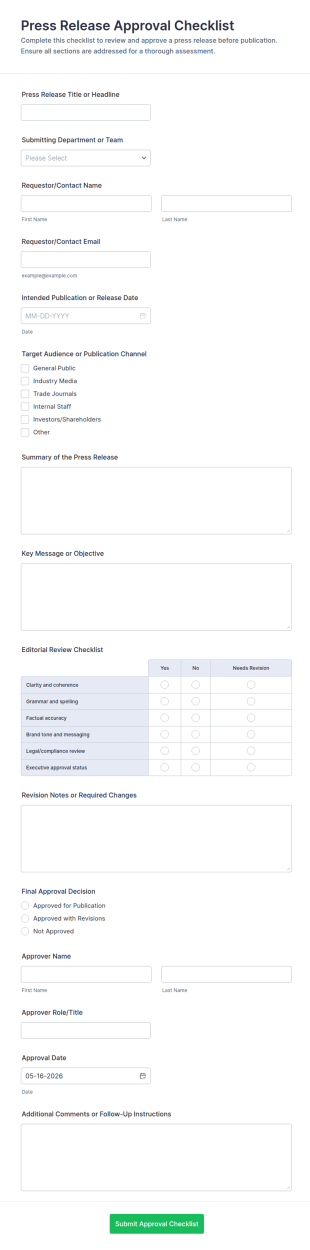 Press Release Approval Checklist Form Template