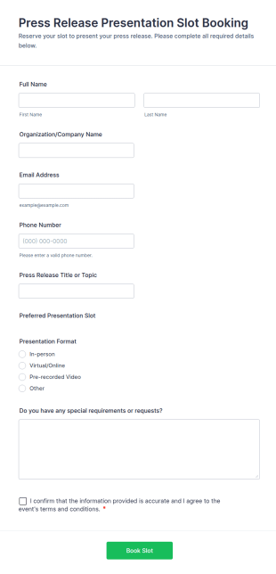 Press Release Presentation Slot Booking Form Template