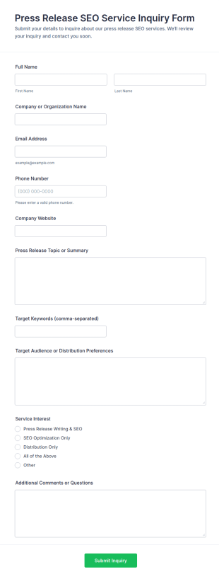 Press Release SEO Service Inquiry Form Template