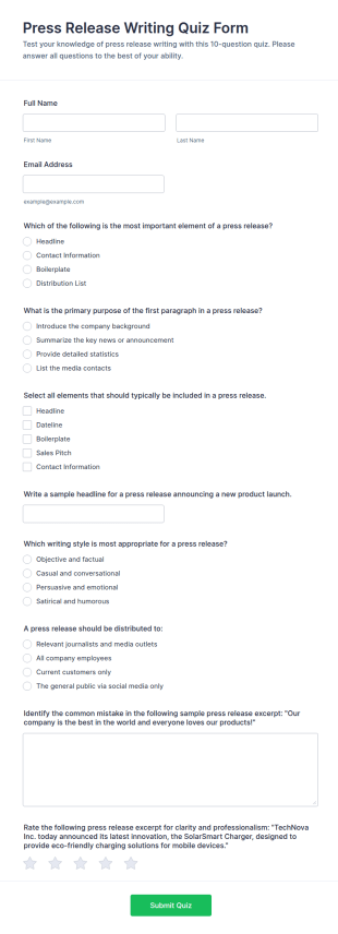 Press Release Writing Quiz Form Template