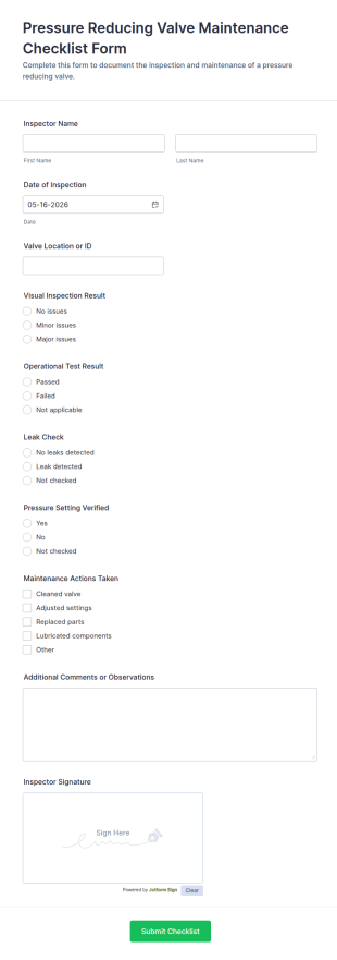Pressure Reducing Valve Maintenance Checklist Form Template