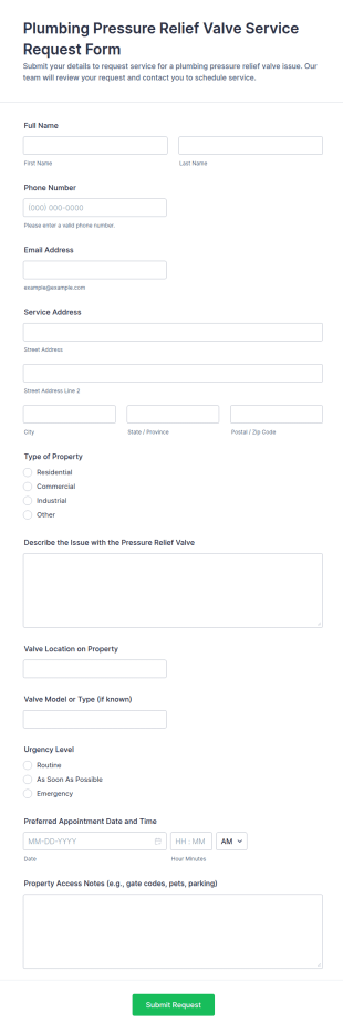 Pressure Relief Valve Service Request Form Template