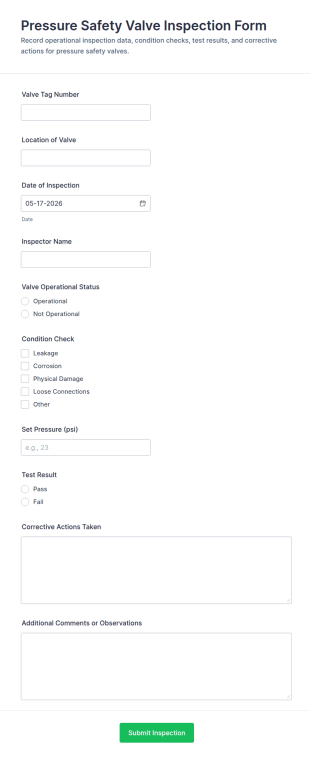 Pressure Safety Valve Inspection Form Template