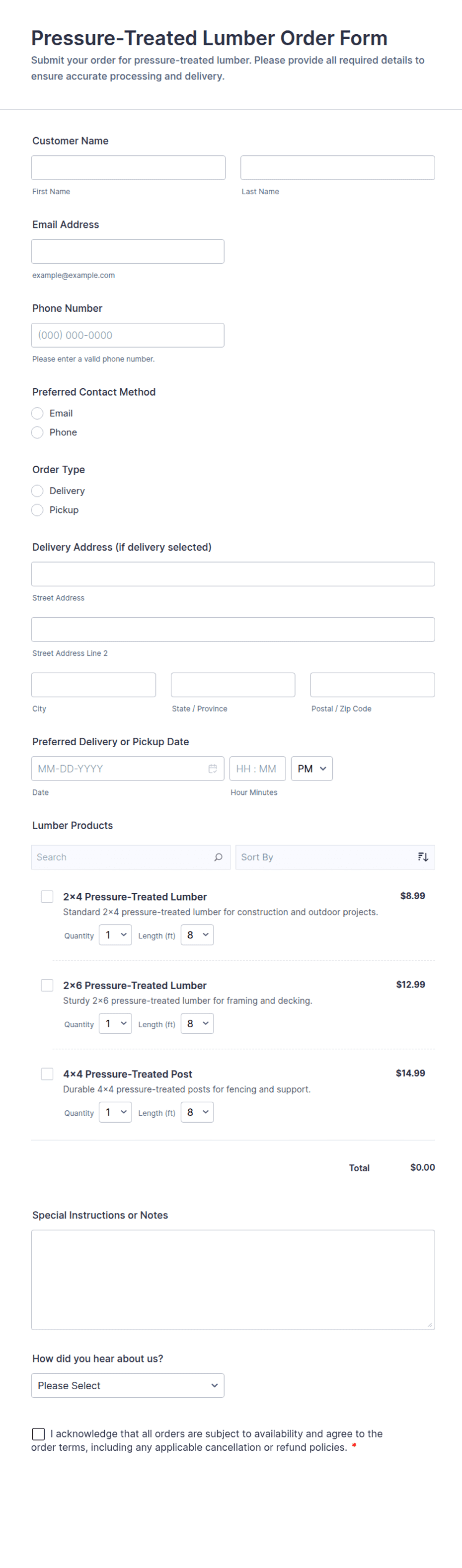 Pressure-Treated Lumber Order Form Template | Jotform