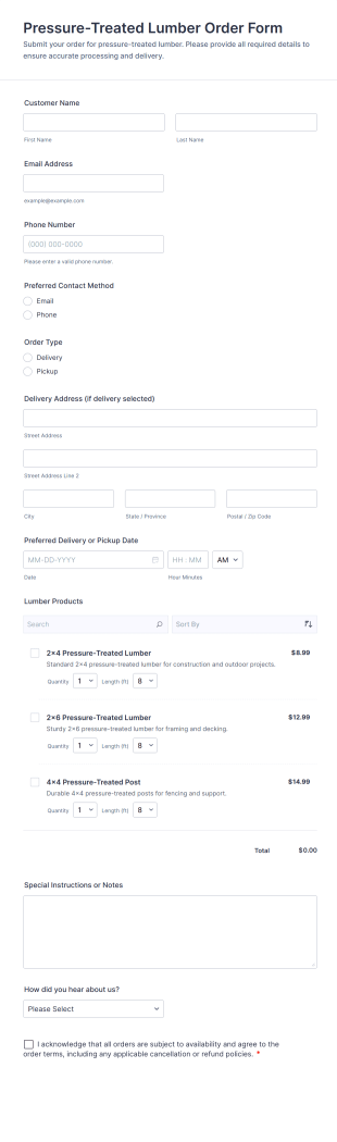 Pressure Treated Lumber Order Form Template