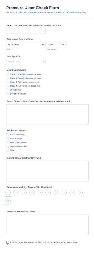 Pressure Ulcer Check Form Template