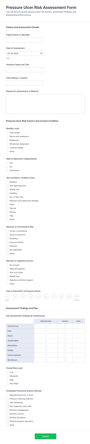 Pressure Ulcer Risk Assessment Form Template