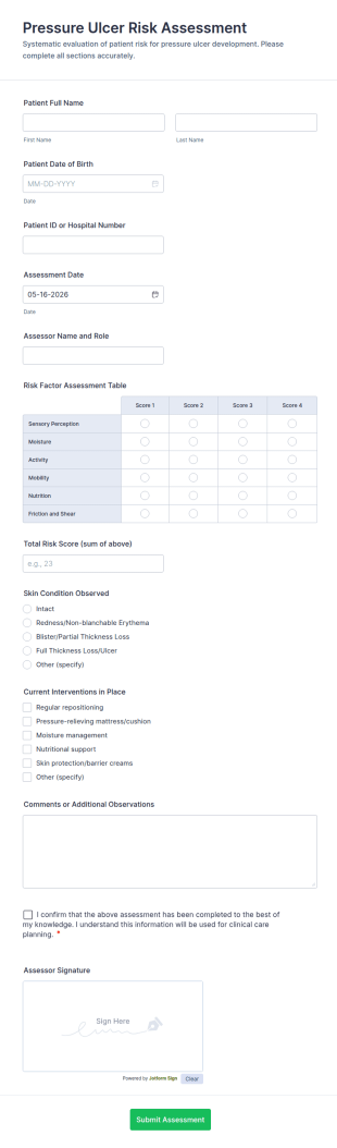 Pressure Ulcer Risk Assessment Form Template
