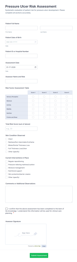 Pressure Ulcer Risk Assessment Form Template
