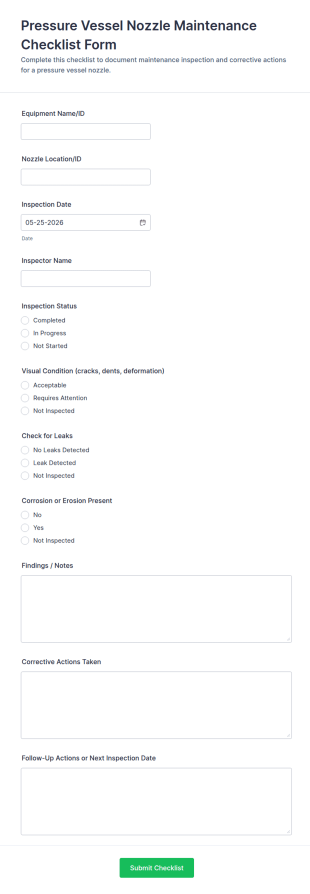 Pressure Vessel Nozzle Maintenance Checklist Form Template