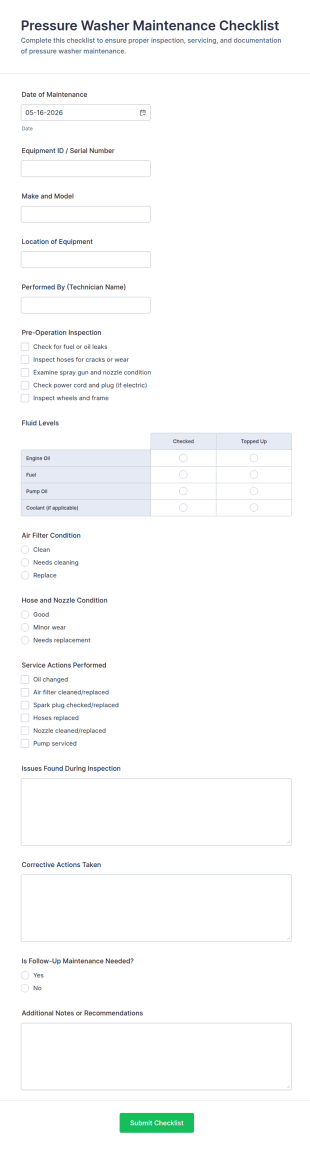 Pressure Washer Maintenance Checklist Form Template