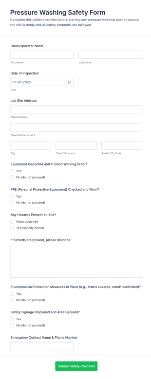 Pressure Washing Safety Form Template