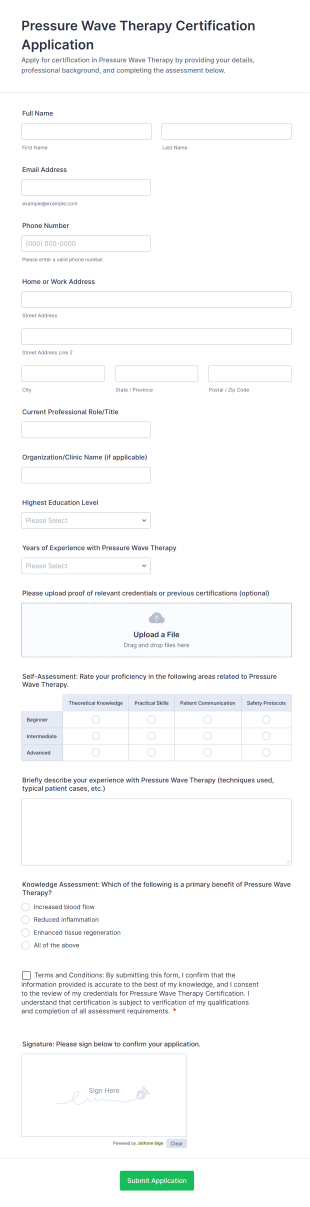 Pressure Wave Therapy Certification Application Form Template