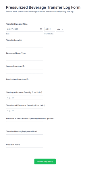 Pressurized Beverage Transfer Log Form Template