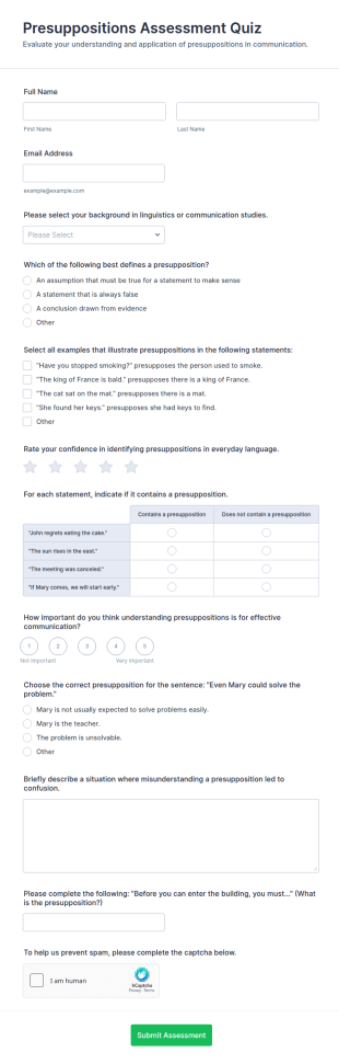 Presuppositions Assessment Quiz Form Template