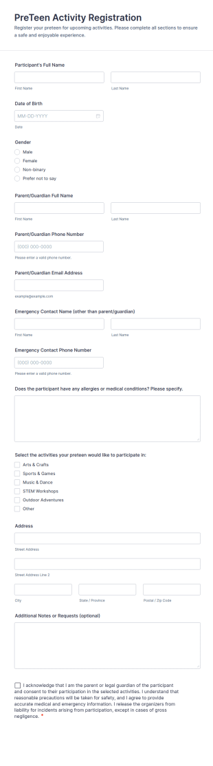PreTeen Activity Registration Form Template