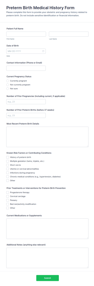 Preterm Birth Medical History Form Template