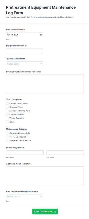 Pretreatment Equipment Maintenance Log Form Template