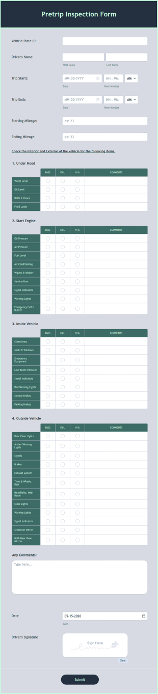 Pretrip Inspection Form Template