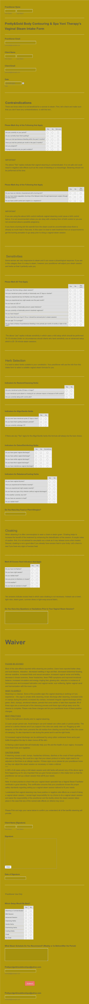 Pretty&ampGold Body Contouring &amp Spa Yoni Therapy's Vaginal Steam Intake Form Template