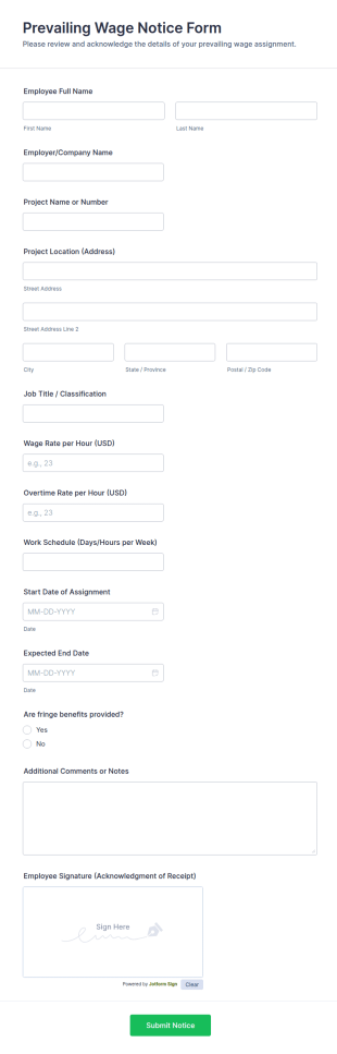 Prevailing Wage Notice Form Template