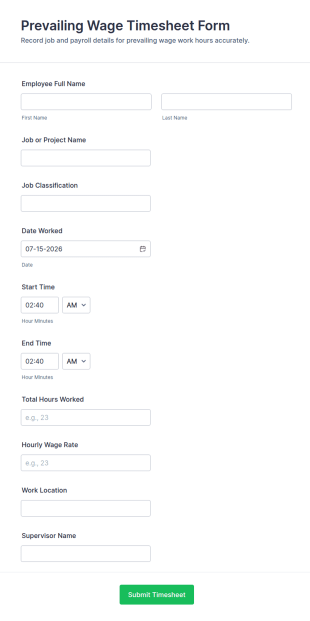 Prevailing Wage Timesheet Form Template