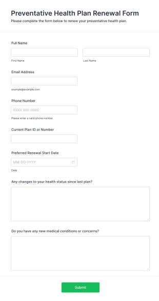 Preventative Health Plan Renewal Form Template