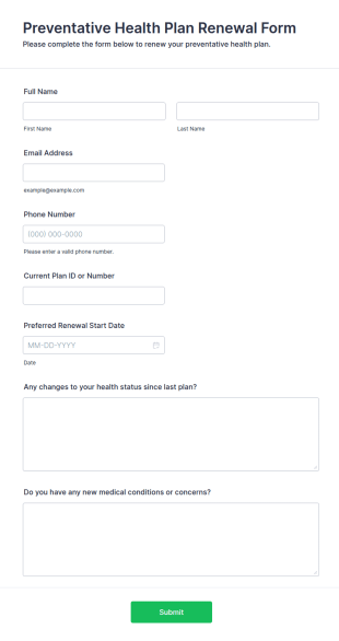 Preventative Health Plan Renewal Form Template