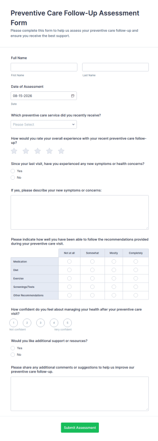 Preventive Care Follow Up Assessment Form Template
