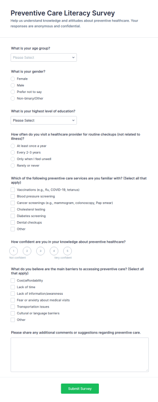 Preventive Care Literacy Survey Form Template