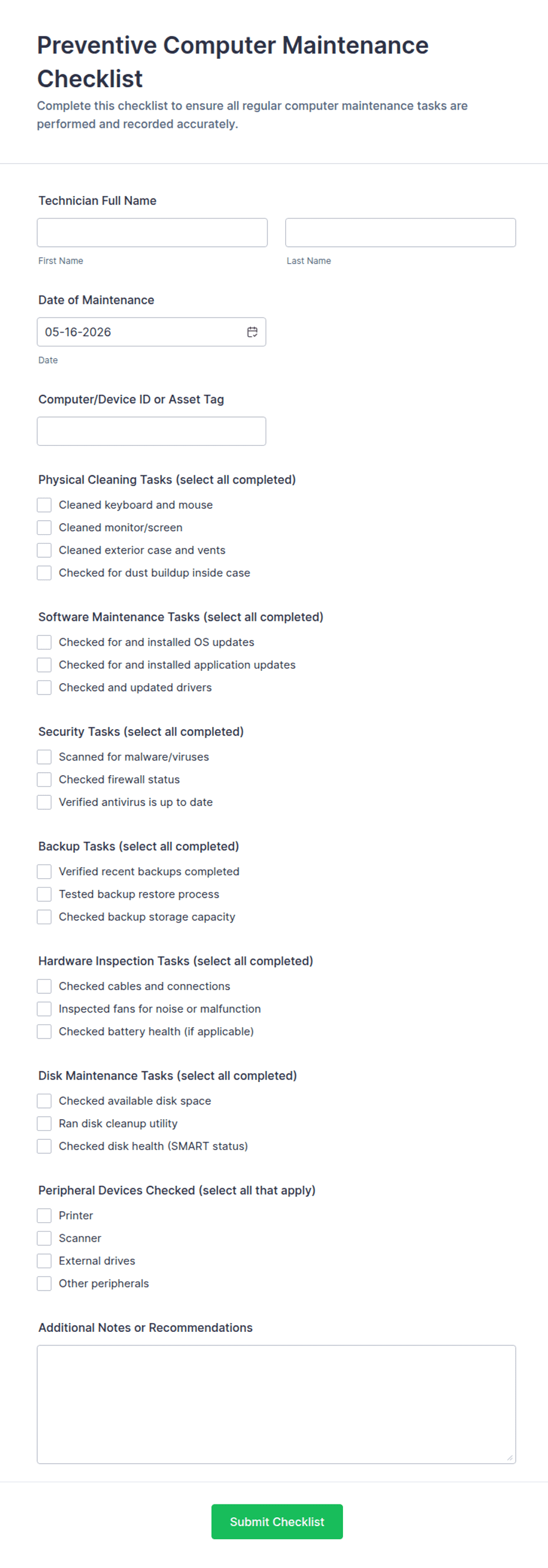 Preventive Computer Maintenance Checklist Form Template | Jotform
