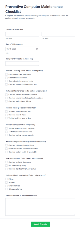 Preventive Computer Maintenance Checklist Form Template