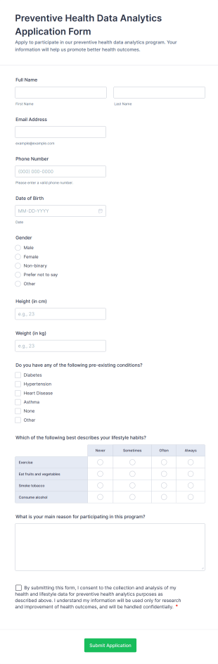 Preventive Health Data Analytics Application Form Form Template