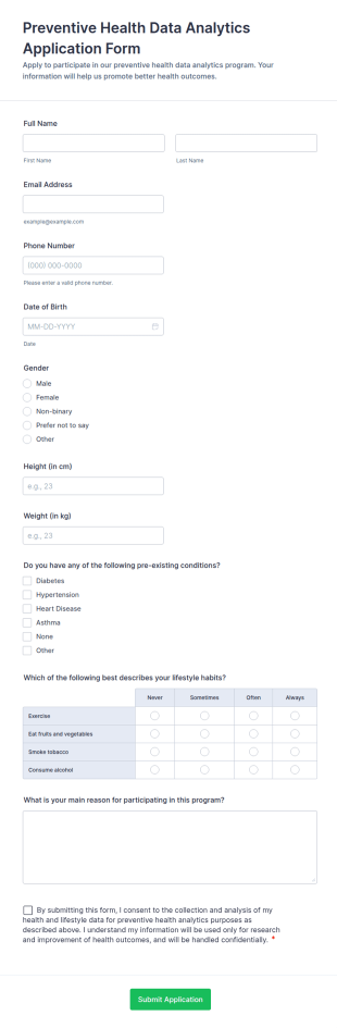 Preventive Health Data Analytics Application Form Template