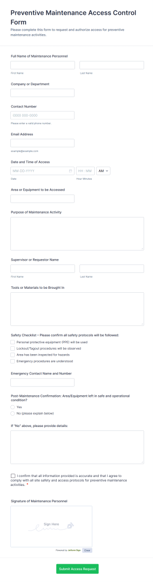 Preventive Maintenance Access Control Form Template