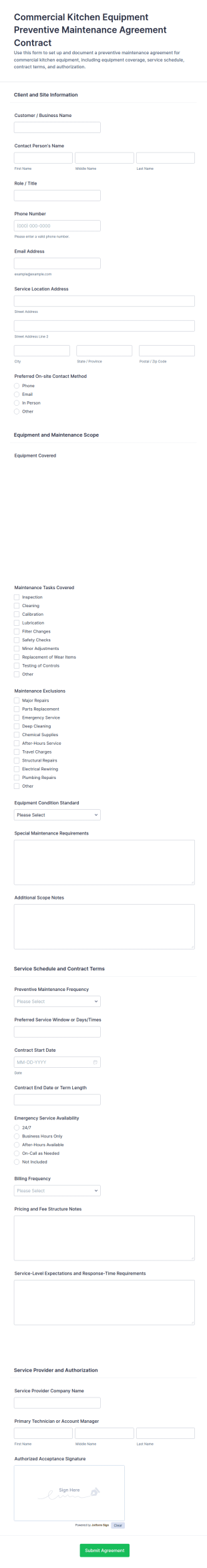 Preventive Maintenance Agreement Form Template