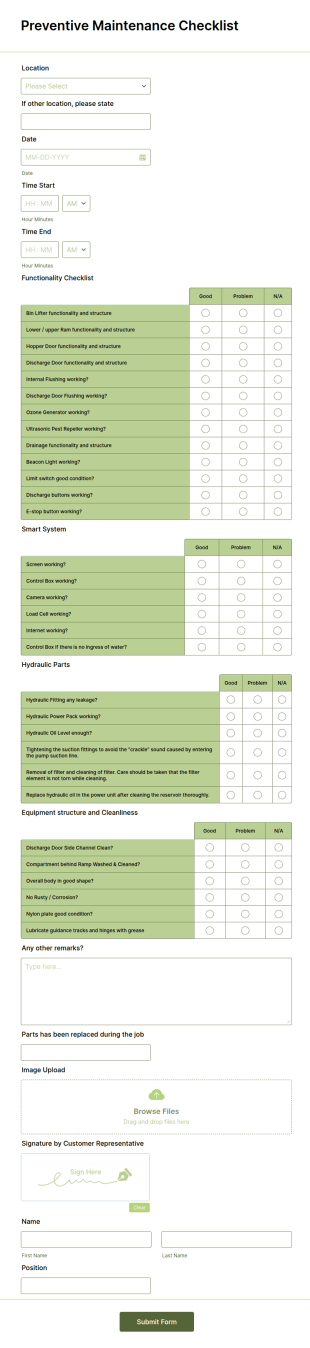 Preventive Maintenance Checklist Form Template