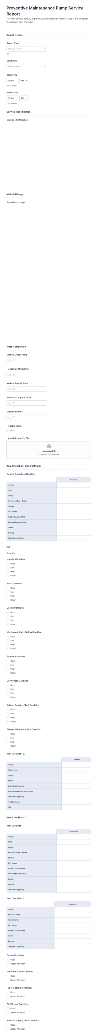 Preventive Maintenance Pump Service Report Form Template
