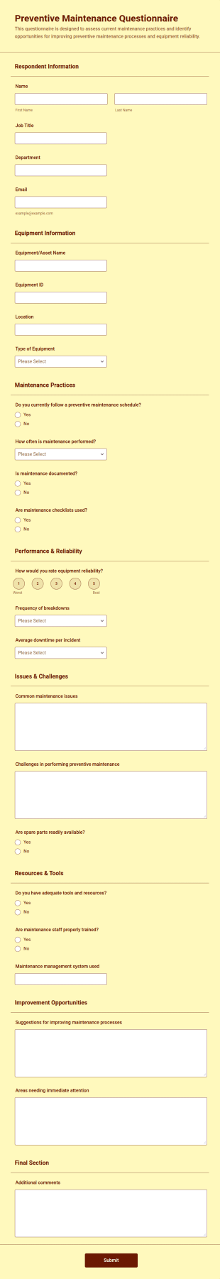 Preventive Maintenance Questionnaire Form Template