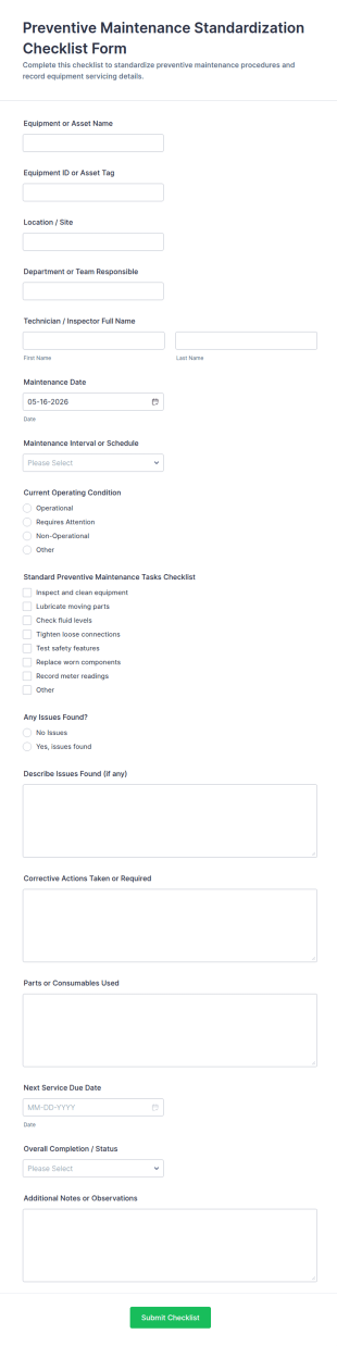 Preventive Maintenance Standardization Checklist Form Template