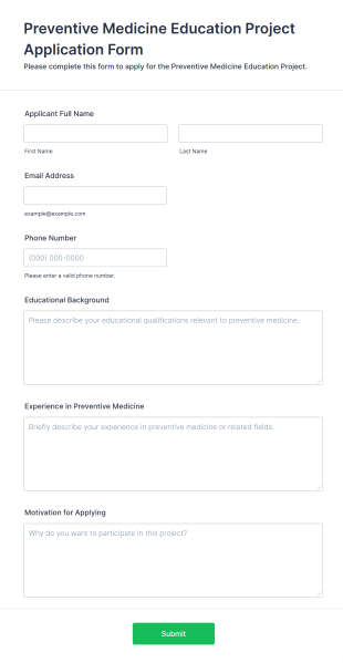 Preventive Medicine Education Project Application Form Form Template