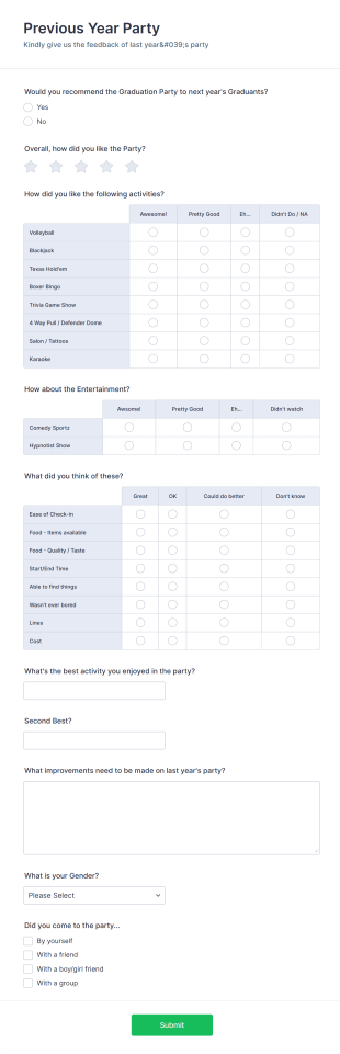 Previous Year Party Survey Form Template