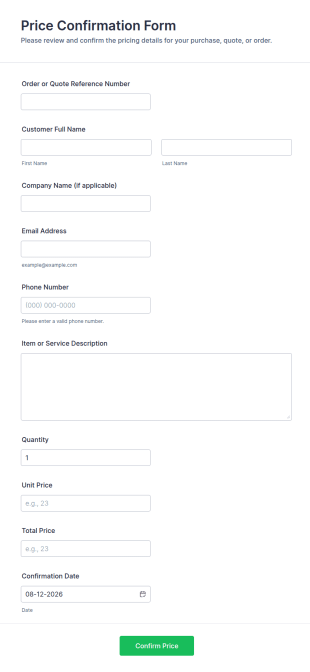 Price Confirmation Form Template